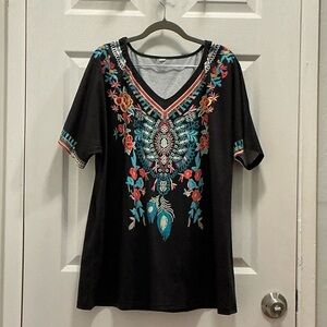 Embroidered Like Printed Black V-Neck Women’s Top